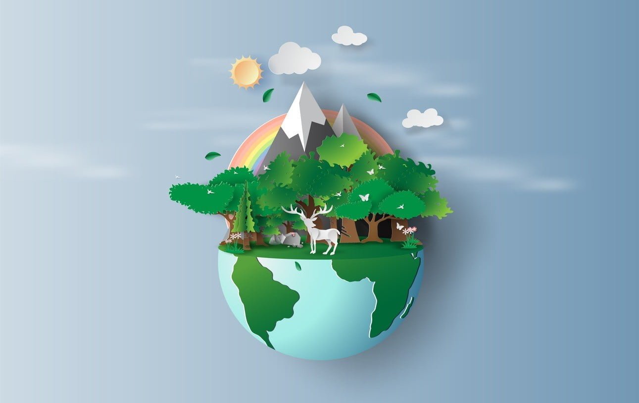 illustration of reindeer in green trees forest,Creative Origami design world environment and earth day concept idea. landscape Wildlife with Deer in green nature plant by rainbow pastel. paper cut,craft
